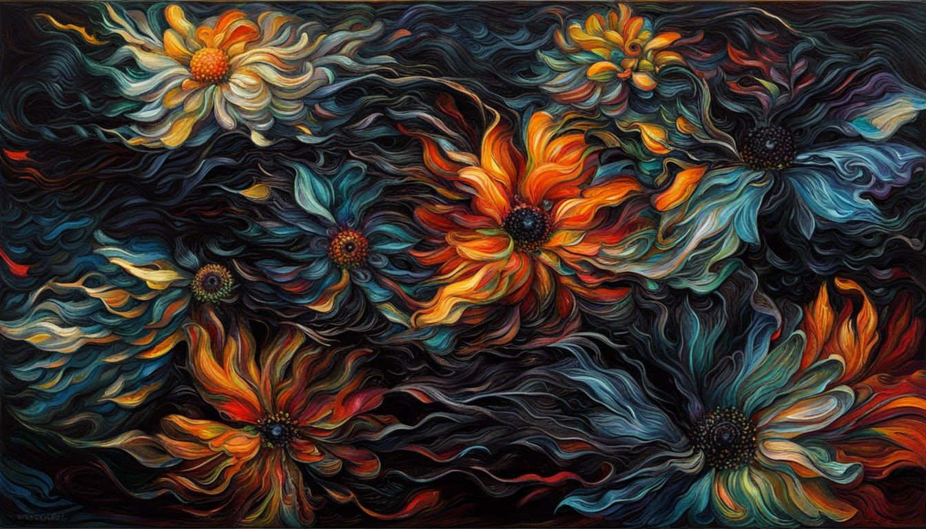 Black Flowers in Expressionist Oil Painting