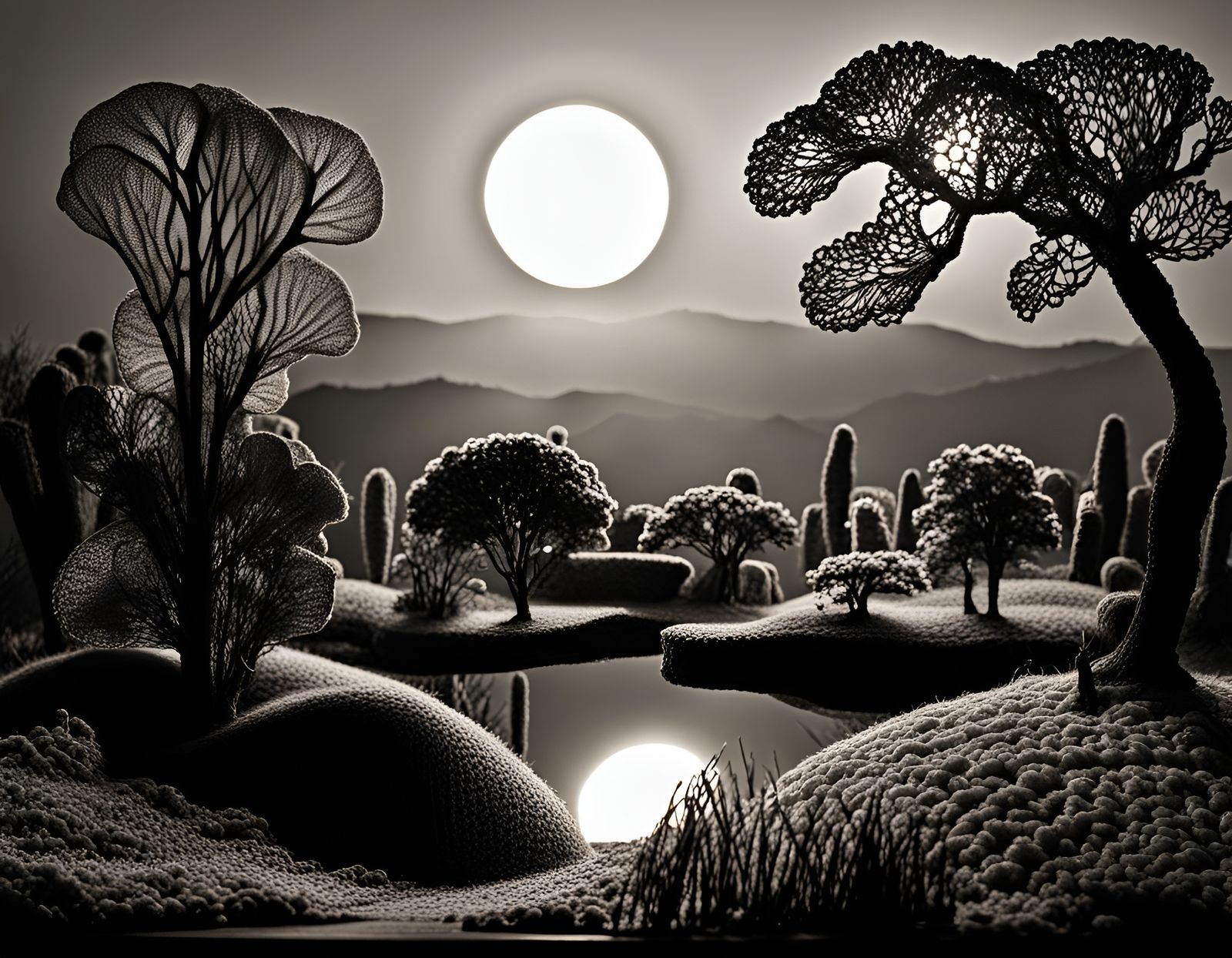 Detailed Crochet Landscape in Grayscale Calotype Style