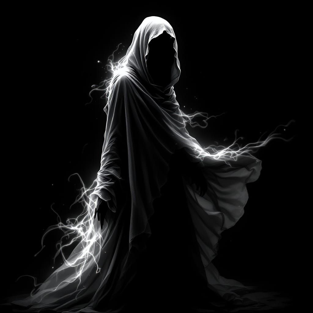 Ethereal Figure in Flowing Robe: Monochromatic Fantasy Art