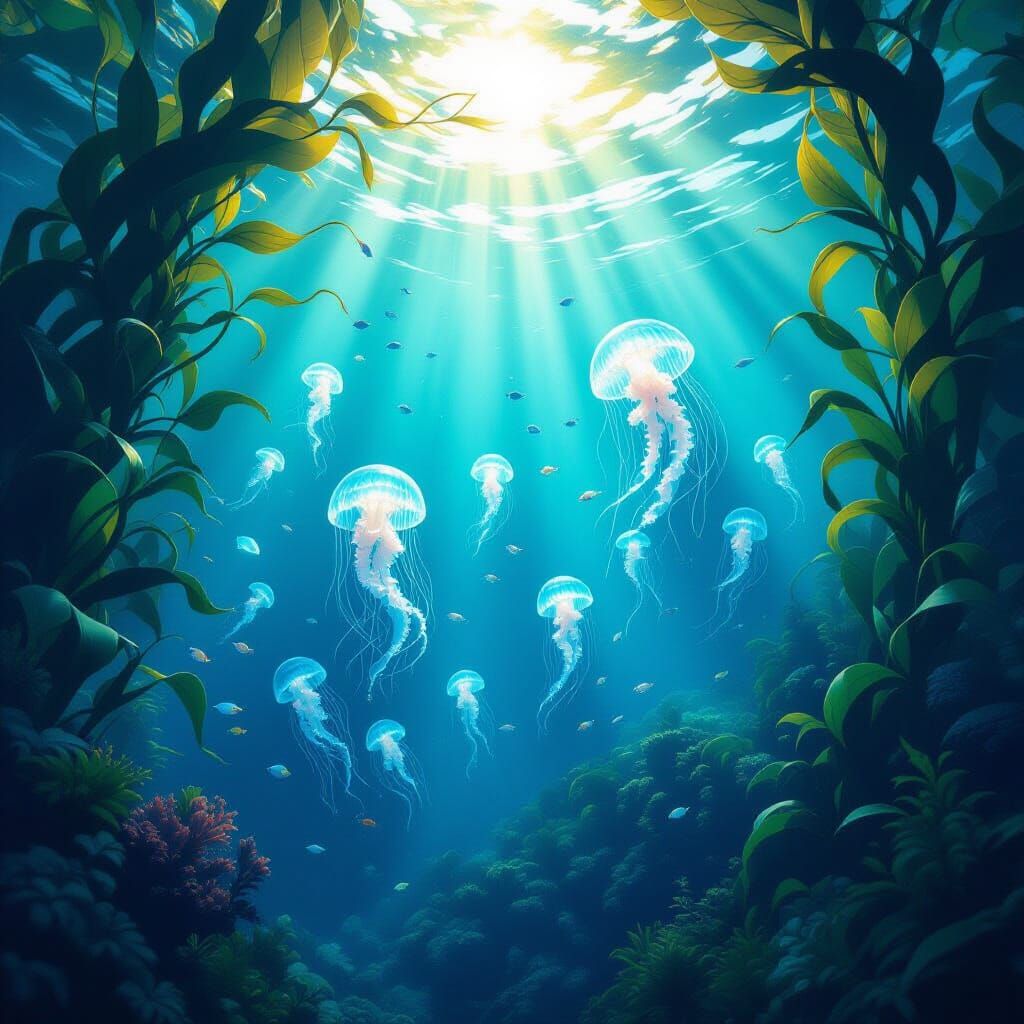 Majestic Kelp Forest With Bioluminescent Jellyfish