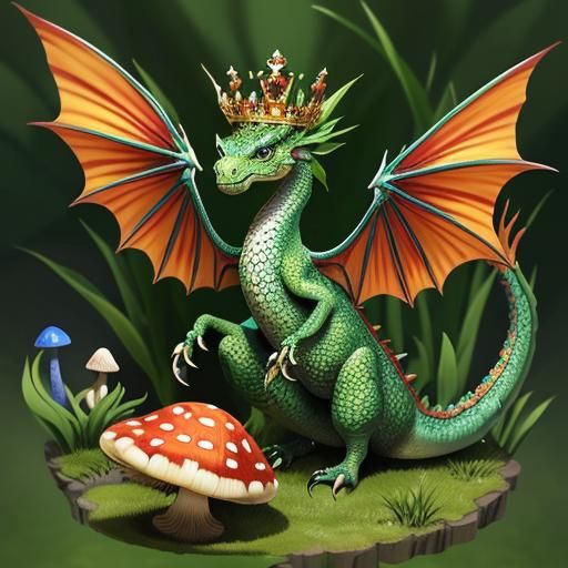 Crowned Dragon Perched Atop Mushroom