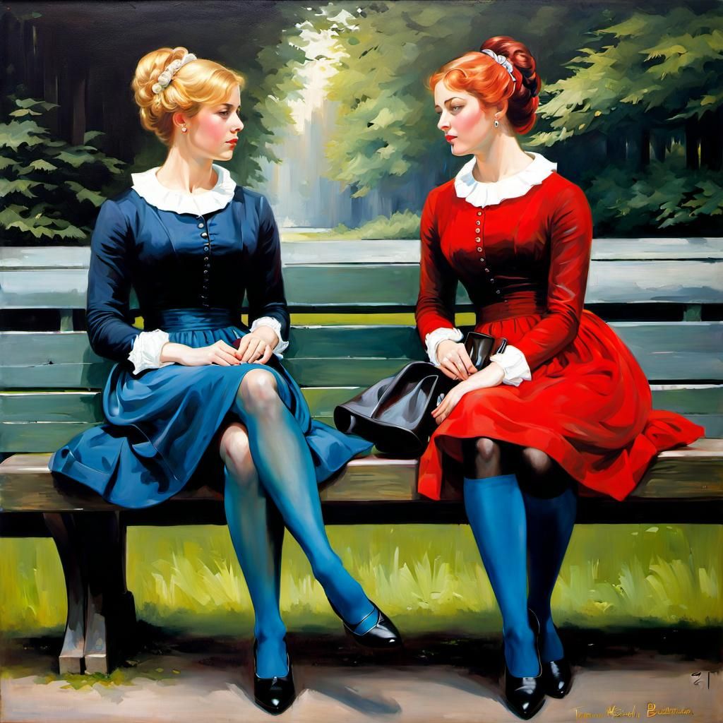 Two Girls on a Bench in Copenhagen, Oil Painting