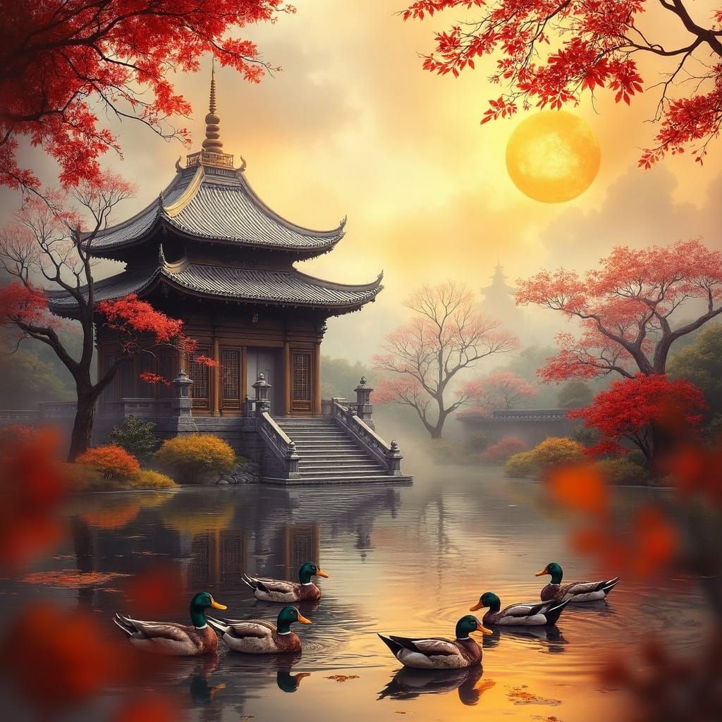 Mallard Ducks in a Serene Japanese Temple Garden
