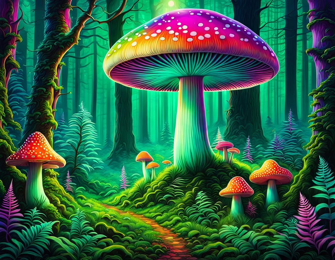 Psychedelic Mushroom in Enchanted Forest with Unicorns
