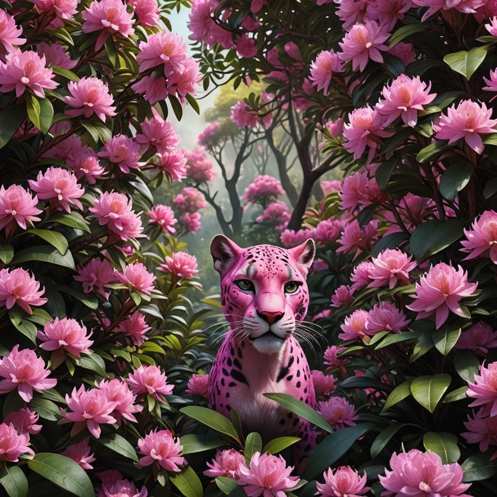 Pink Panther Peek-a-Boo in a Rhododendron Bush