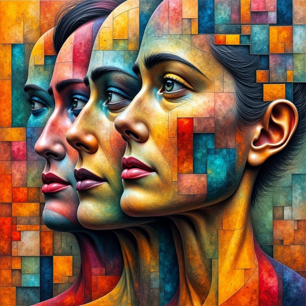 Abstract Cubist Women in Geometric Psychedelic Art