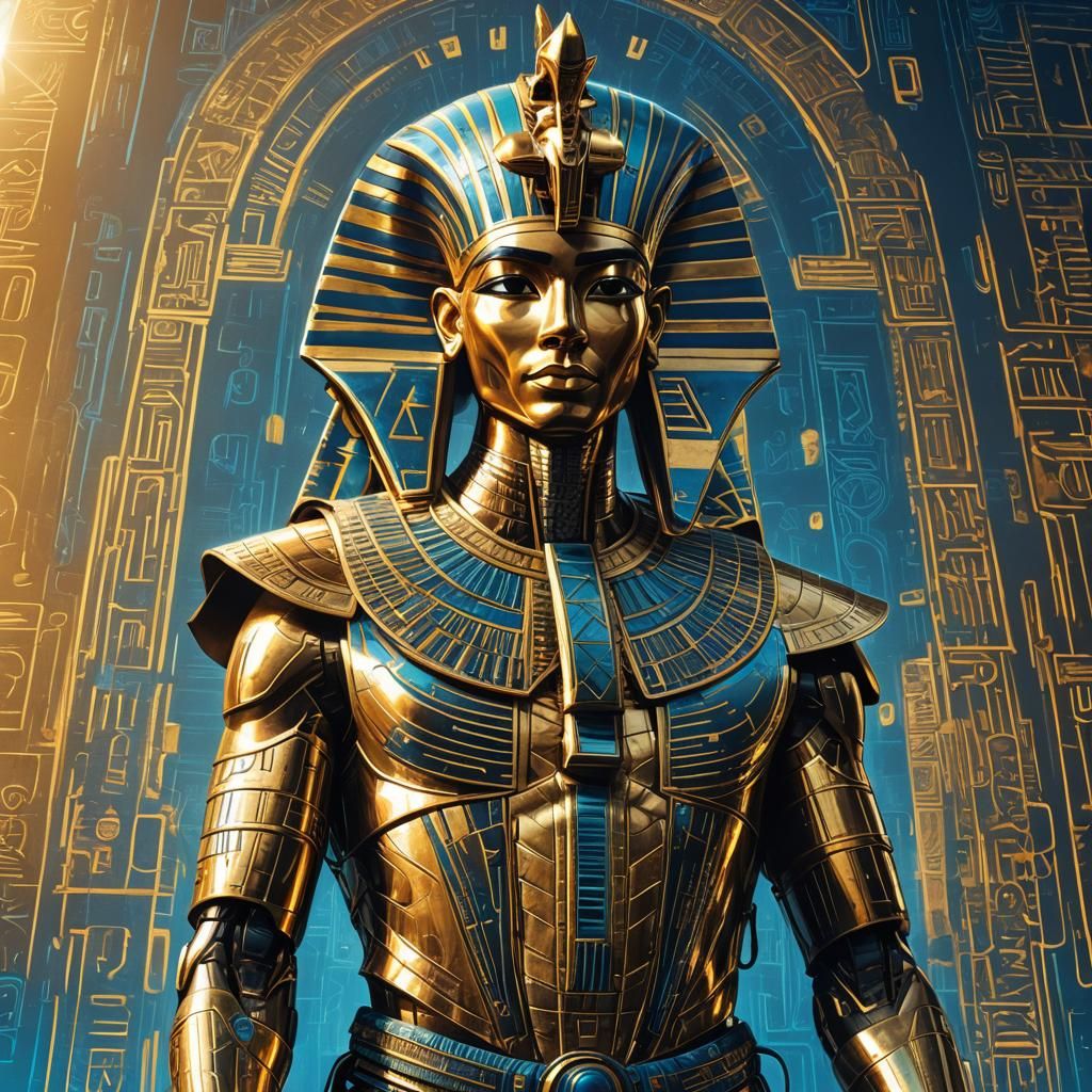 Android Pharaoh with Egyptian Pyramids in Dieselpunk Style
