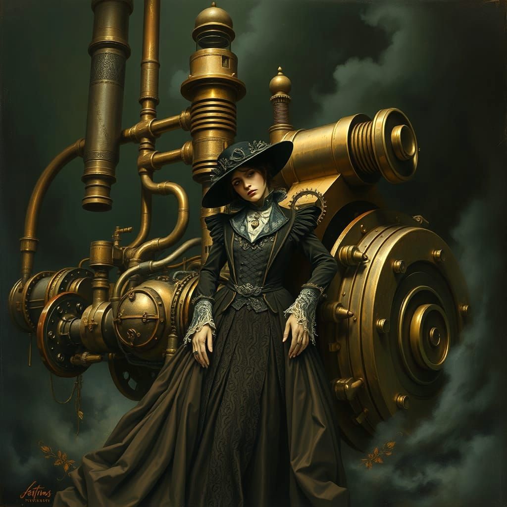Woman with Steampunk Engine, Dark Fantasy Oil Painting
