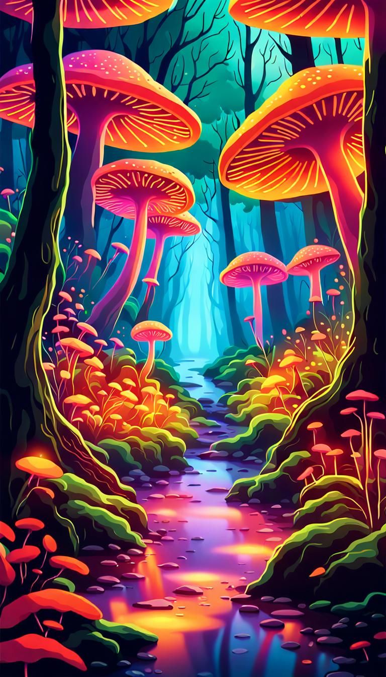Neon Amazonian Forest Path with Fluorescent Mushrooms