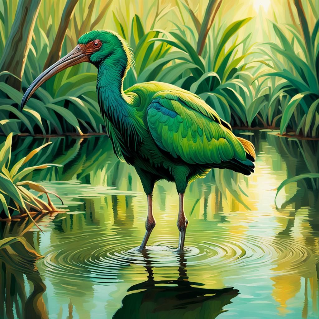 Green Ibis Wading: Impressionist Wildlife Art