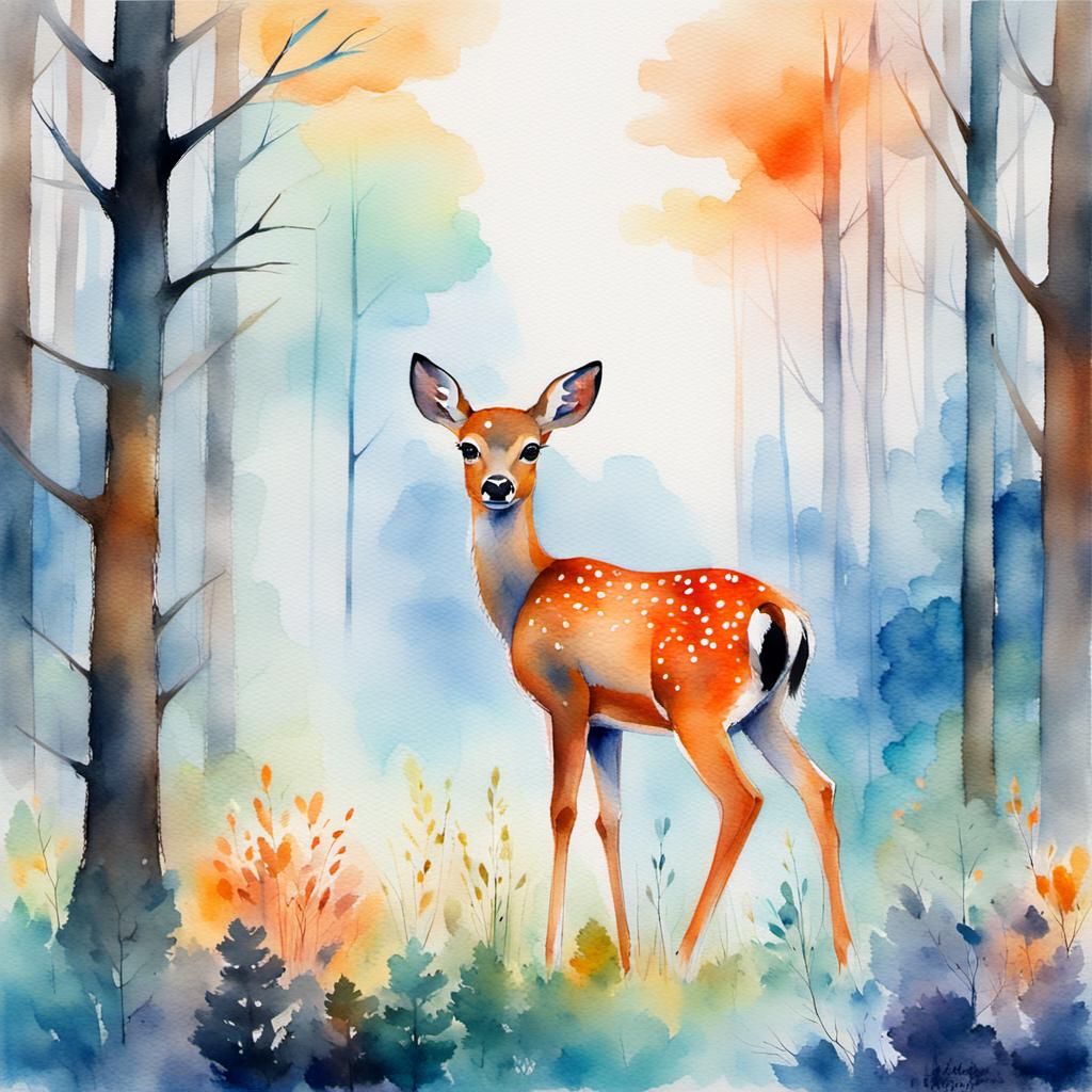 Whimsical Baby Deer in Watercolour Forest Clearing