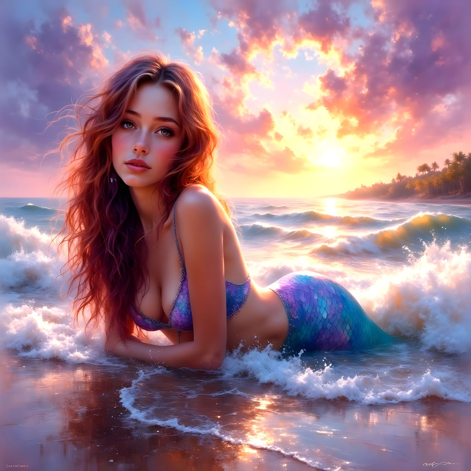 Surreal Mermaid at Sunset in Ethereal Oil Painting Style