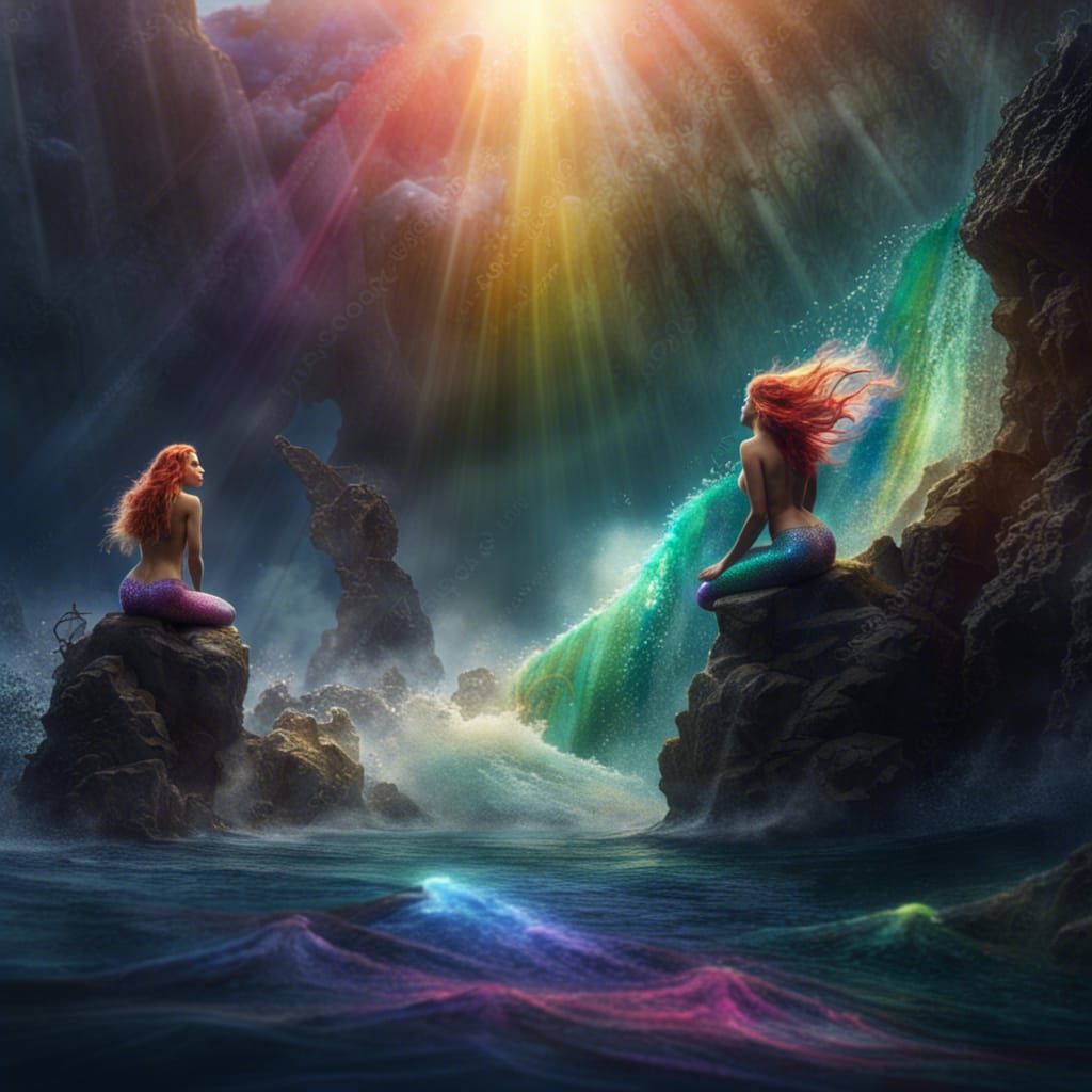 Rainbow Mermaids on Rocks Under Big Wave