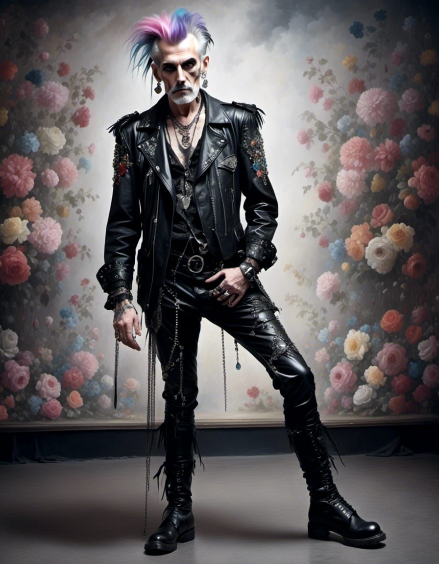 Elderly Punk Man in Dark Fantasy Interior