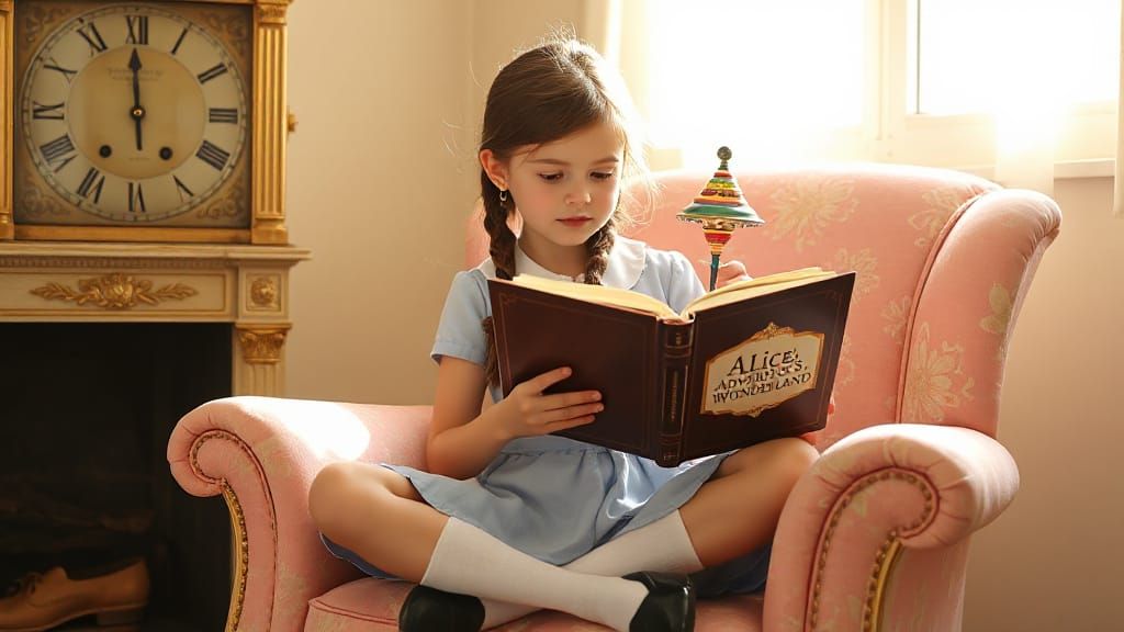 Girl Reads Alice in Wonderland on Vintage Armchair