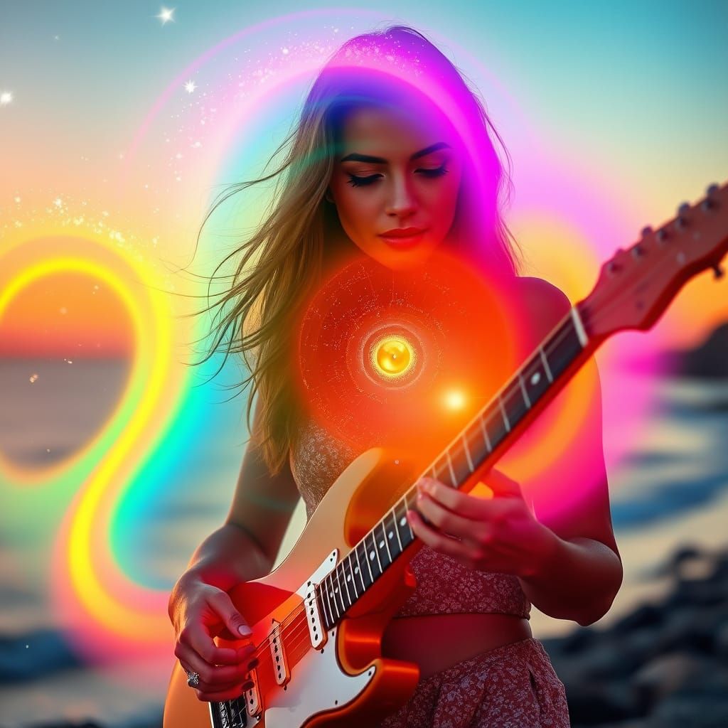 Electric Guitarist on Sunset Coast with Spectral Mist