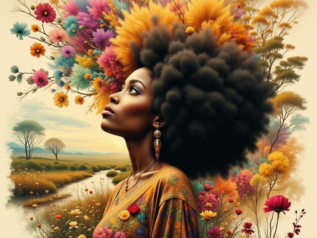 Black Woman with Afro in Surreal Landscape