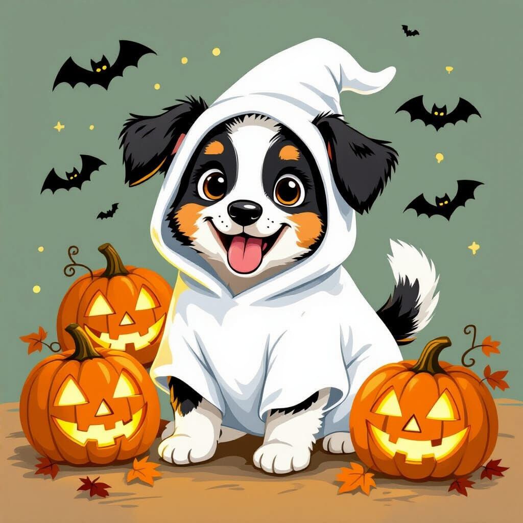 Border Collie Puppy in Ghost Costume, Halloween Art