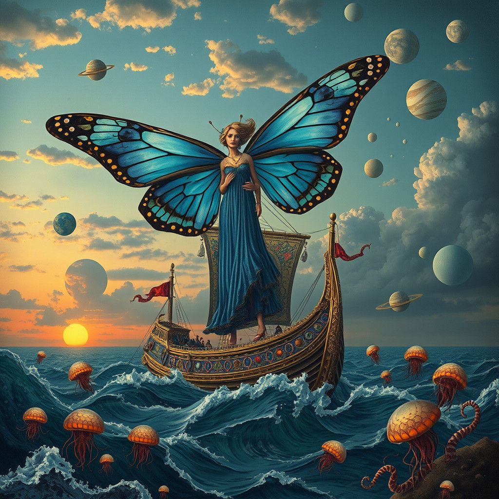 Butterfly Woman with Viking Ship, Dali and Klimt Style