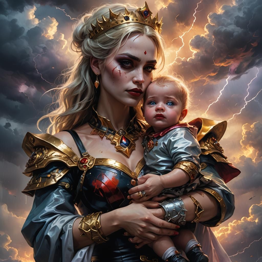 Harley Quinn and Baby in Art Nouveau Oil Painting
