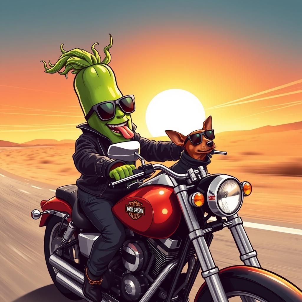 Pickle Biker on Harley, Comic Book Style