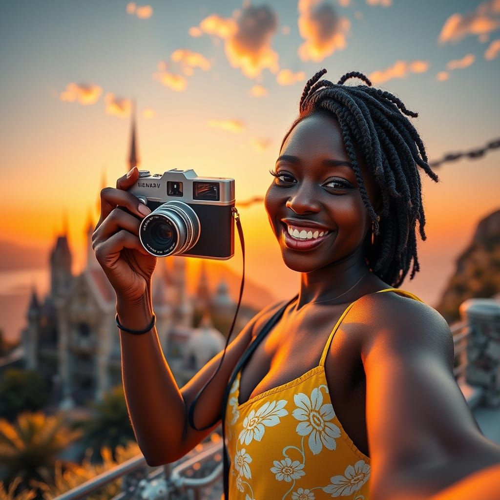 Ebony Woman Takes Selfie Near Majestic Castle at Sunset