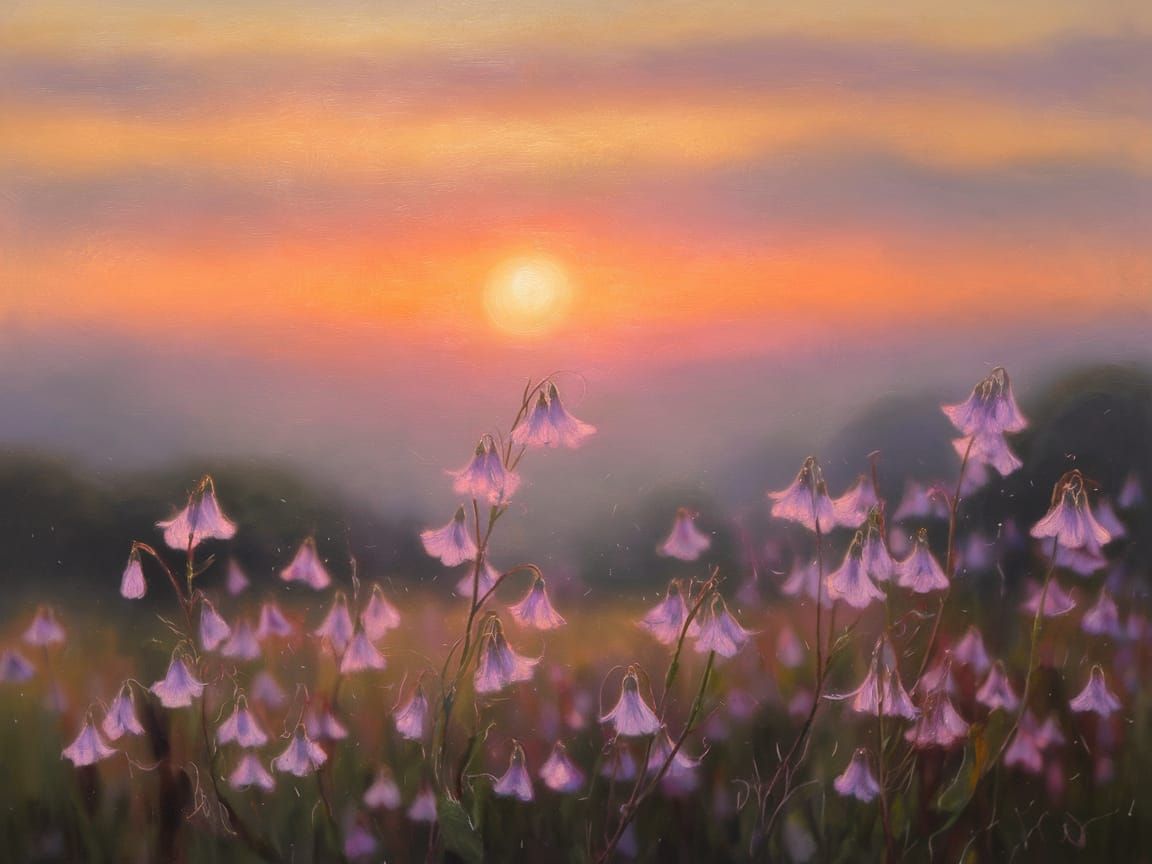 Vibrant Sunset with Gentle Wildflowers in Soft Focus