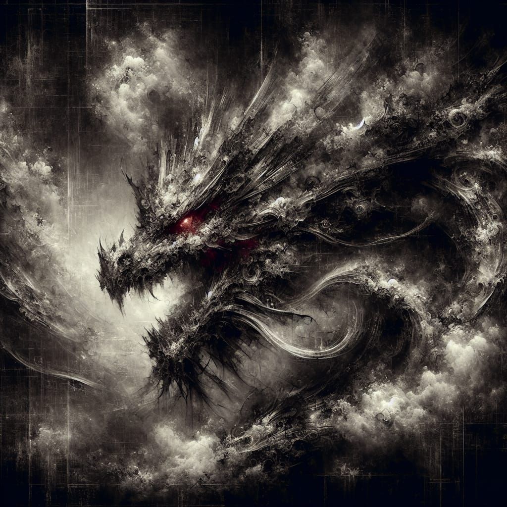 Generate a monochrome art piece: Kirgog the Cloud Dragon