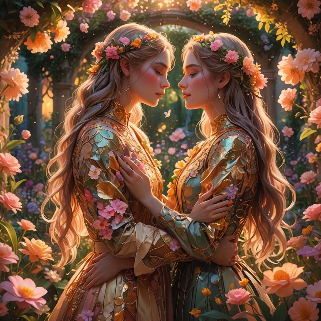 Romantic Embrace in a Glowing Fantasy Garden