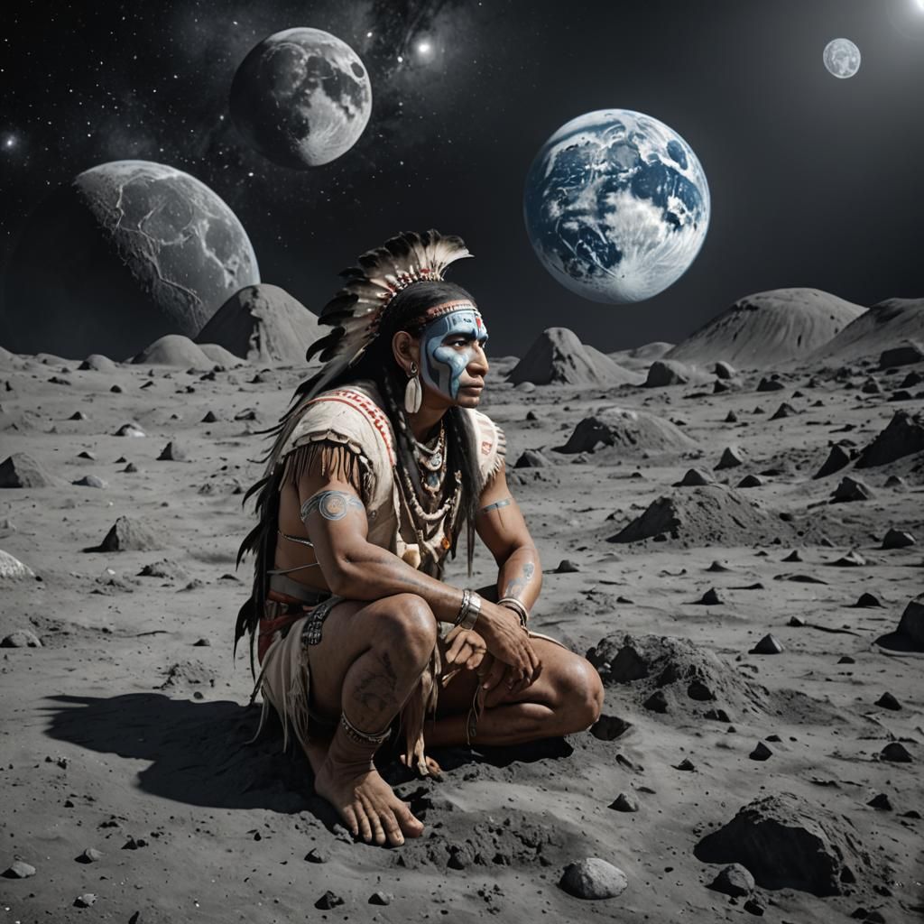 Taino Man on the Moon Gazing at Earth