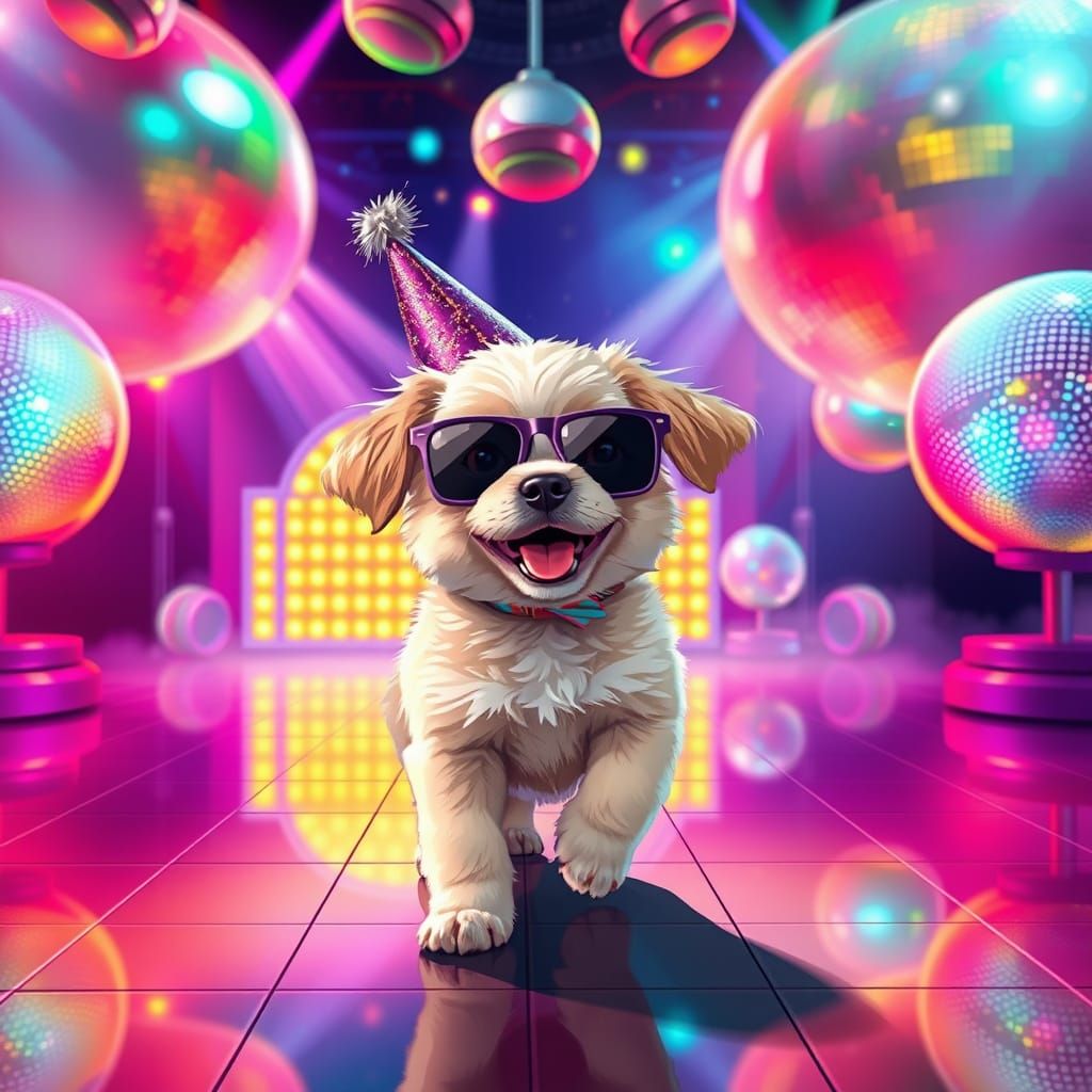 Futuristic Puppy Disco Party in Vibrant Neon
