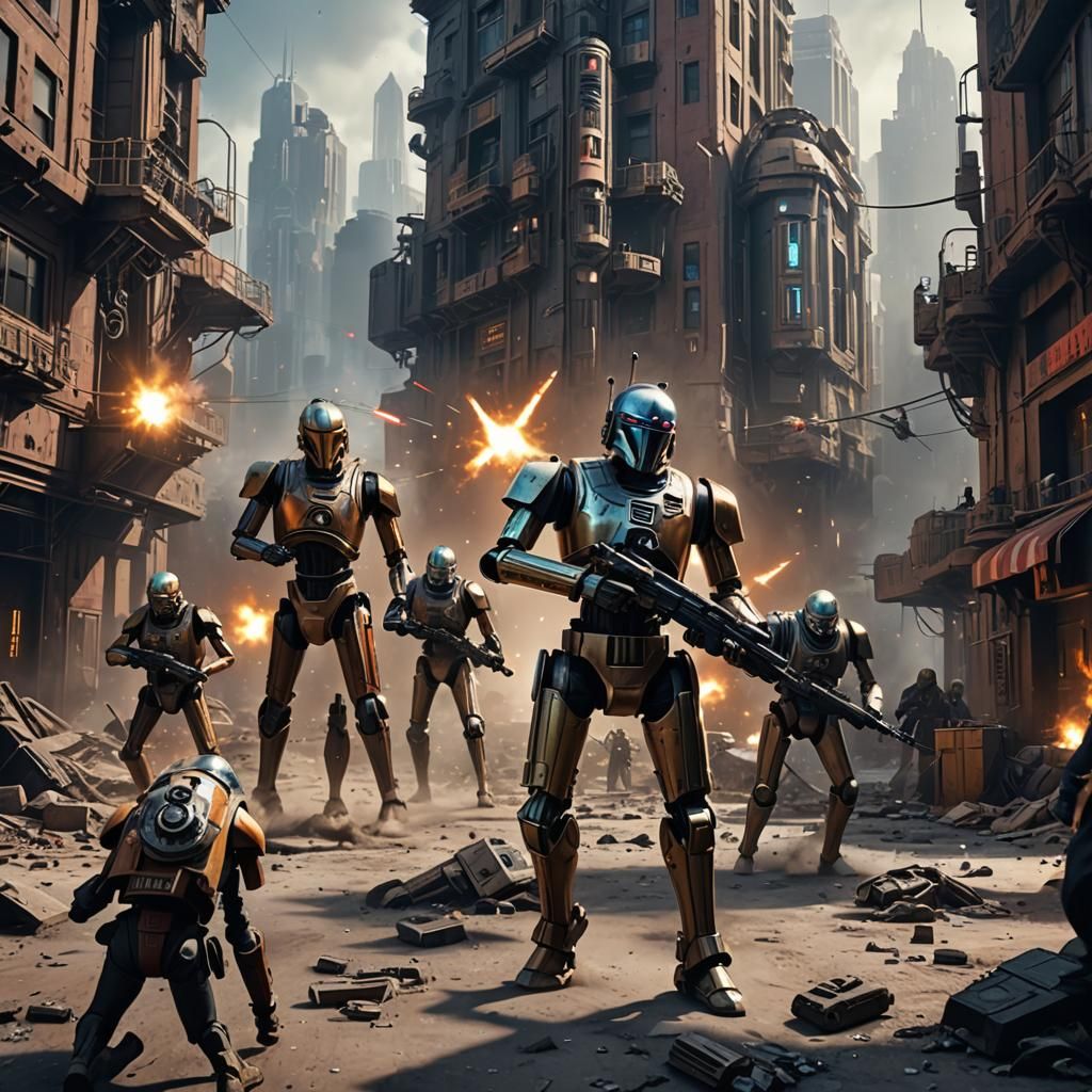Droid Army Gunfight in City, Detailed Matte Painting