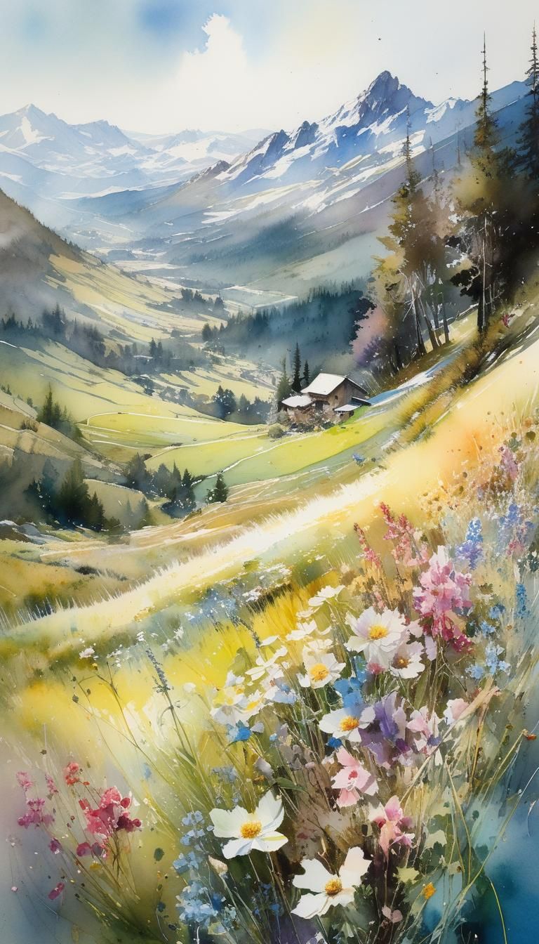 Alpine Valley Spring Flowers Watercolor Painting