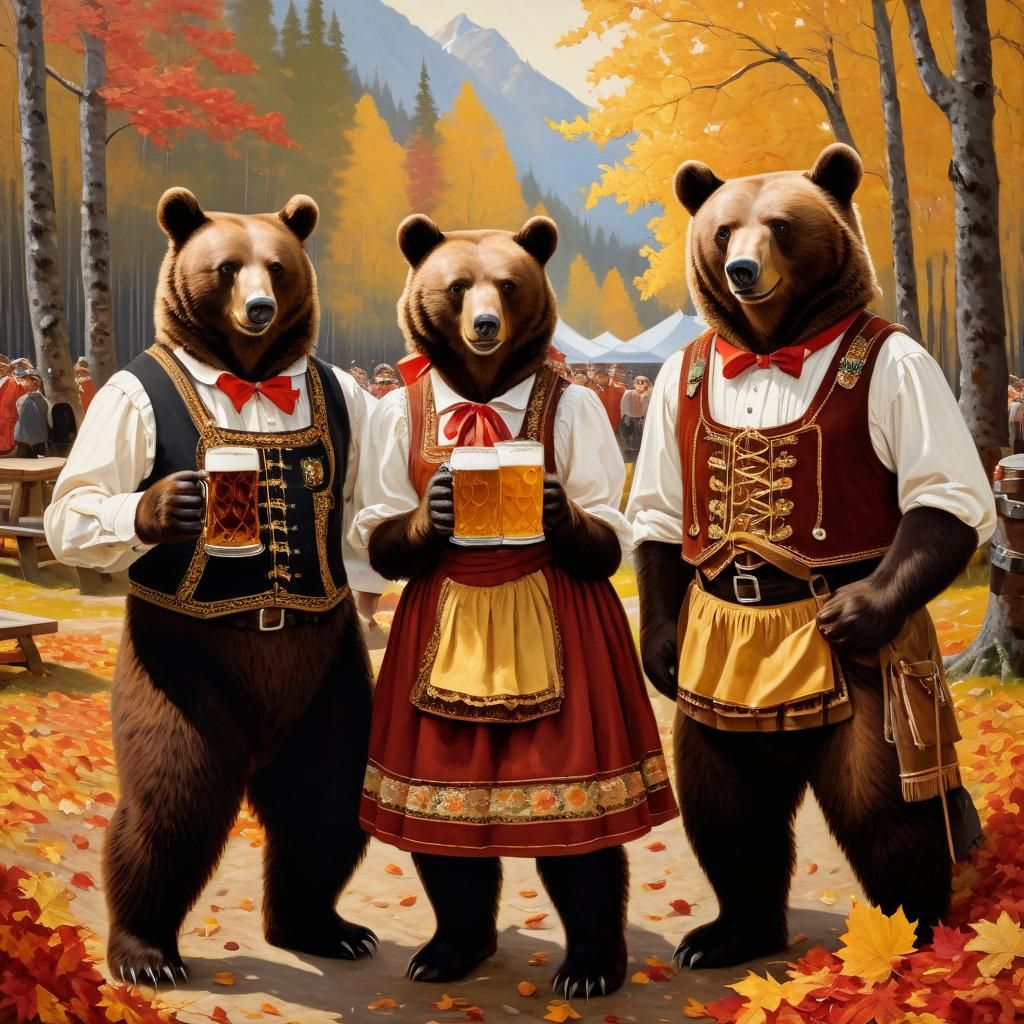 Bears Celebrate Oktoberfest in Bavarian Folk Art