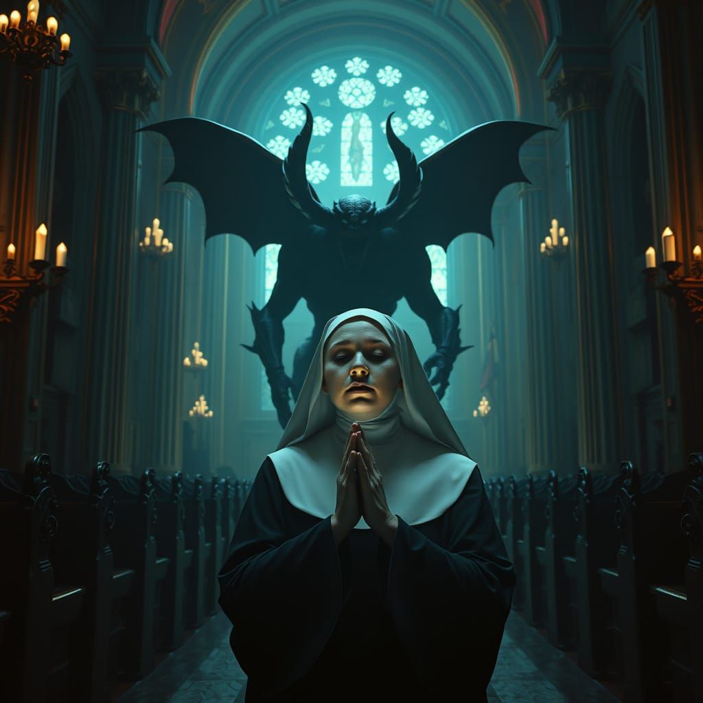 Nun Praying with Demon in Dark Surrealism Style