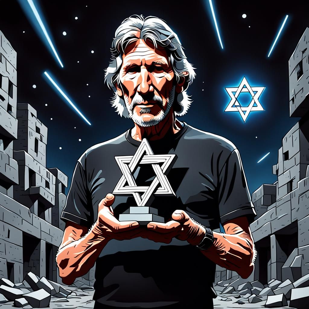 Roger Waters Cartoon with Star of David in Dystopian Style