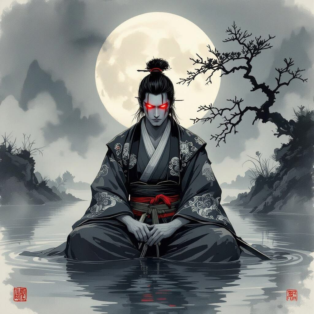 Samurai Meditating in Misty Water Under Full Moon