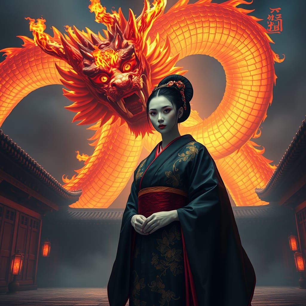 Geisha and Dragon in Cyberpunk Style