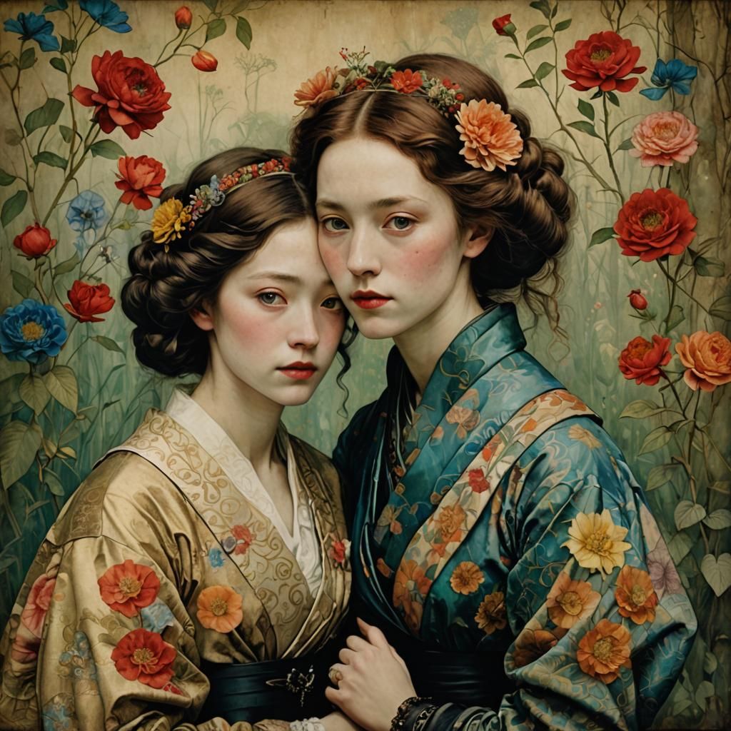 Lesbian Couple Portrait in Tokyo, Montage Style