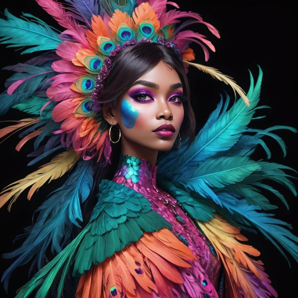 Rainbow Woman with Peacock Feathers in 3D Animation