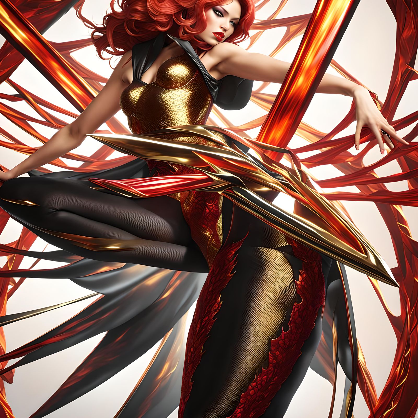 Anime Fire Dragon Lady in Spiderweb Dress
