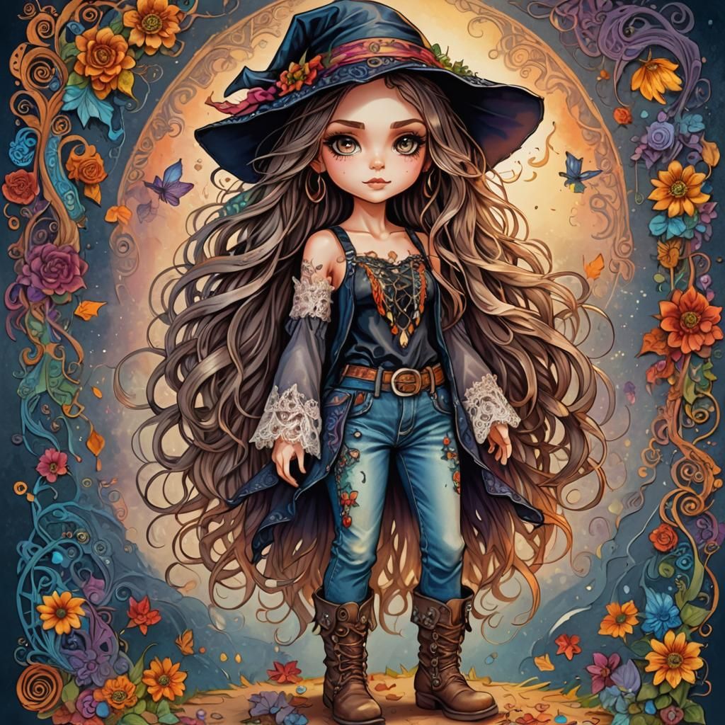 Chibi Boho Witch with Flowing Hair in Zentangles