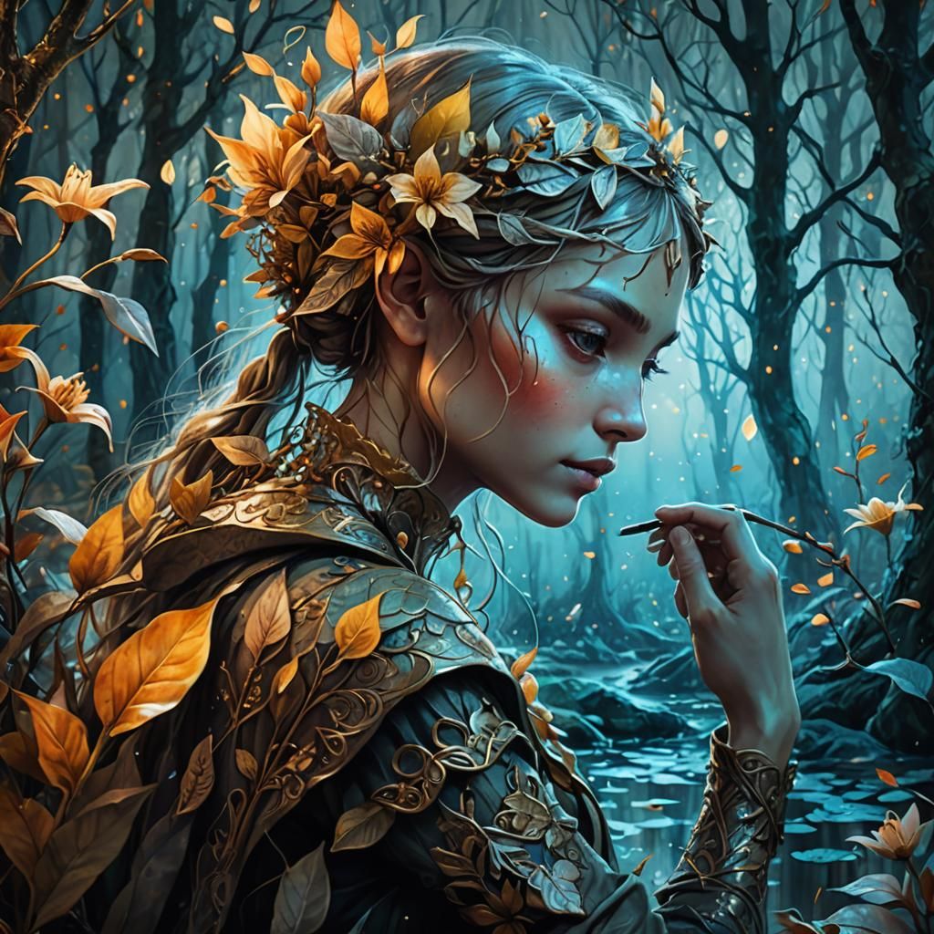 Elf Portrait with Lilies and Autumn Leaves