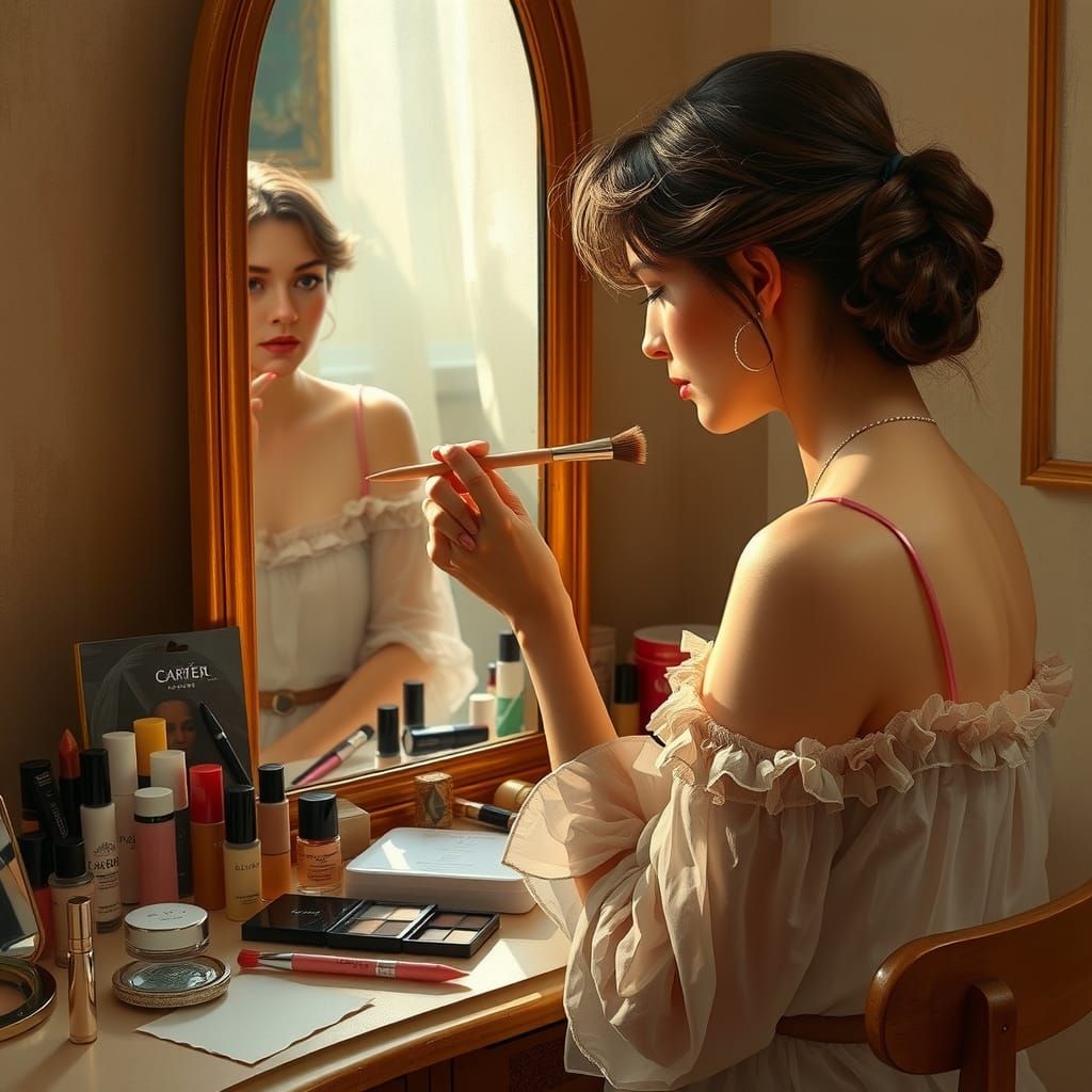 Woman Applying Makeup in Impressionist Style