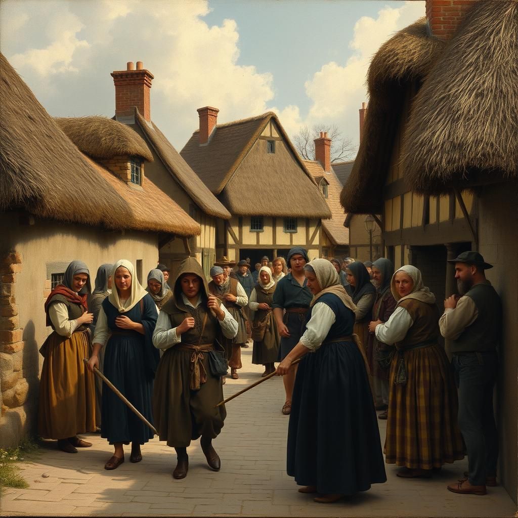 Medieval French Village Scene in Bruegel Style