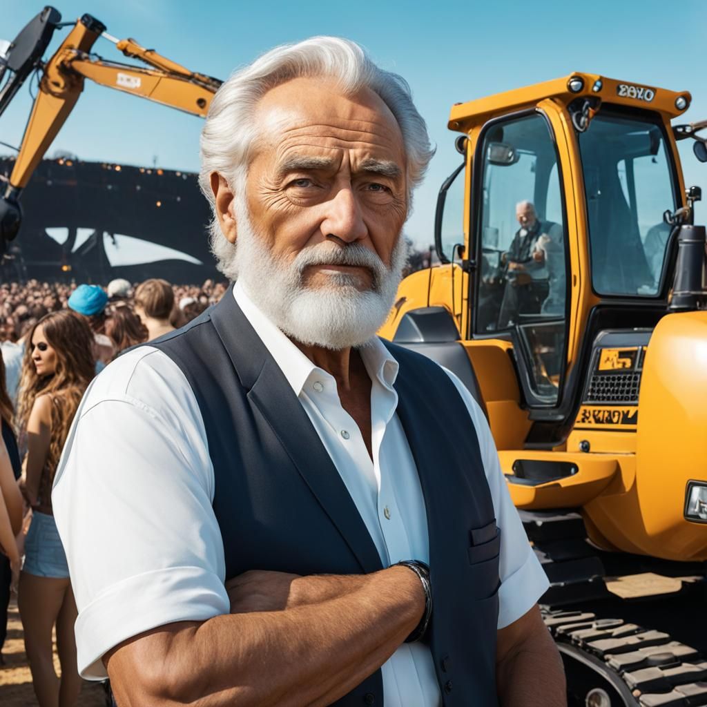 Handsome Old Man on Excavator in Solarpunk Style