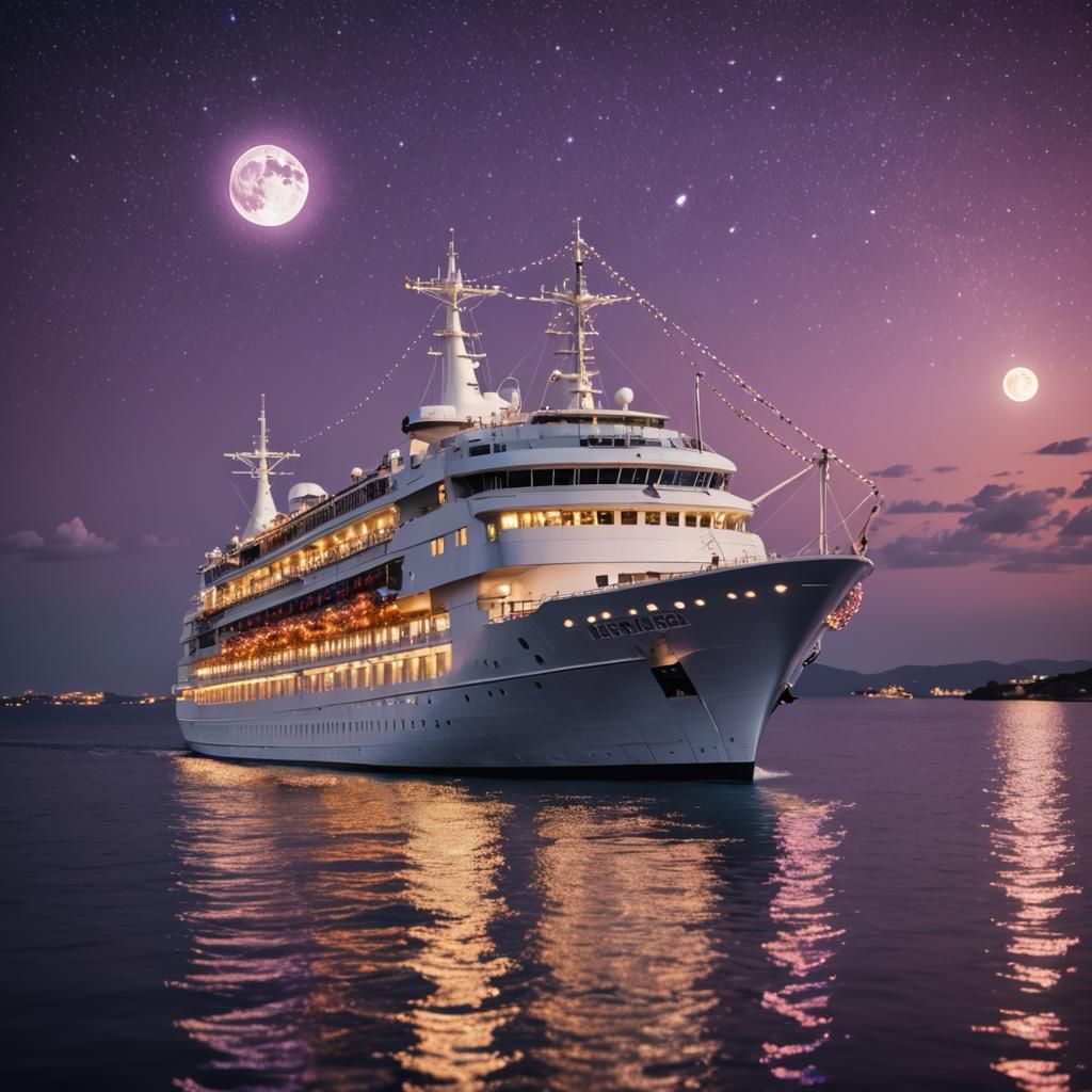 White Ship Sailing to the Sun at Night