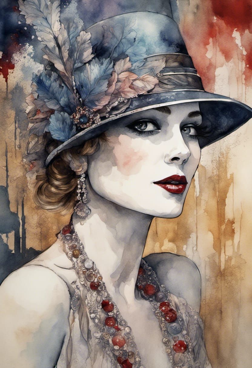 Roaring Twenties Woman in Speakeasy, Detailed Watercolor