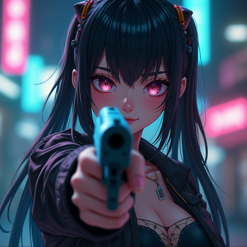 Anime Girl Points Gun in Fantasy Concept Art