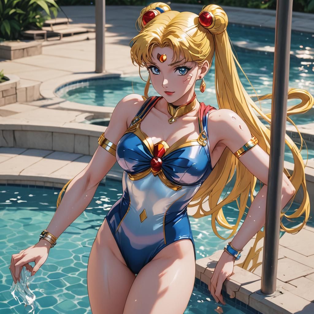 Sailor Moon in Swimsuit: Cel-Shaded Anime Art